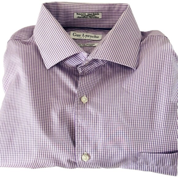 Guy Laroche Paris Mens Long Sleeve Shirt Size 18 34/35 Lilac Gingham Non Iron - Picture 4 of 10